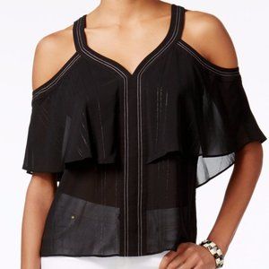 Guess Cherelle Cold-Shoulder Illusion Blouse in Black Sz S